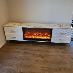 White MDF Material with Bronze Stainless Steel Frame and White Grey Marble TV Cabinet with a Fireplace Reflector and a Remote