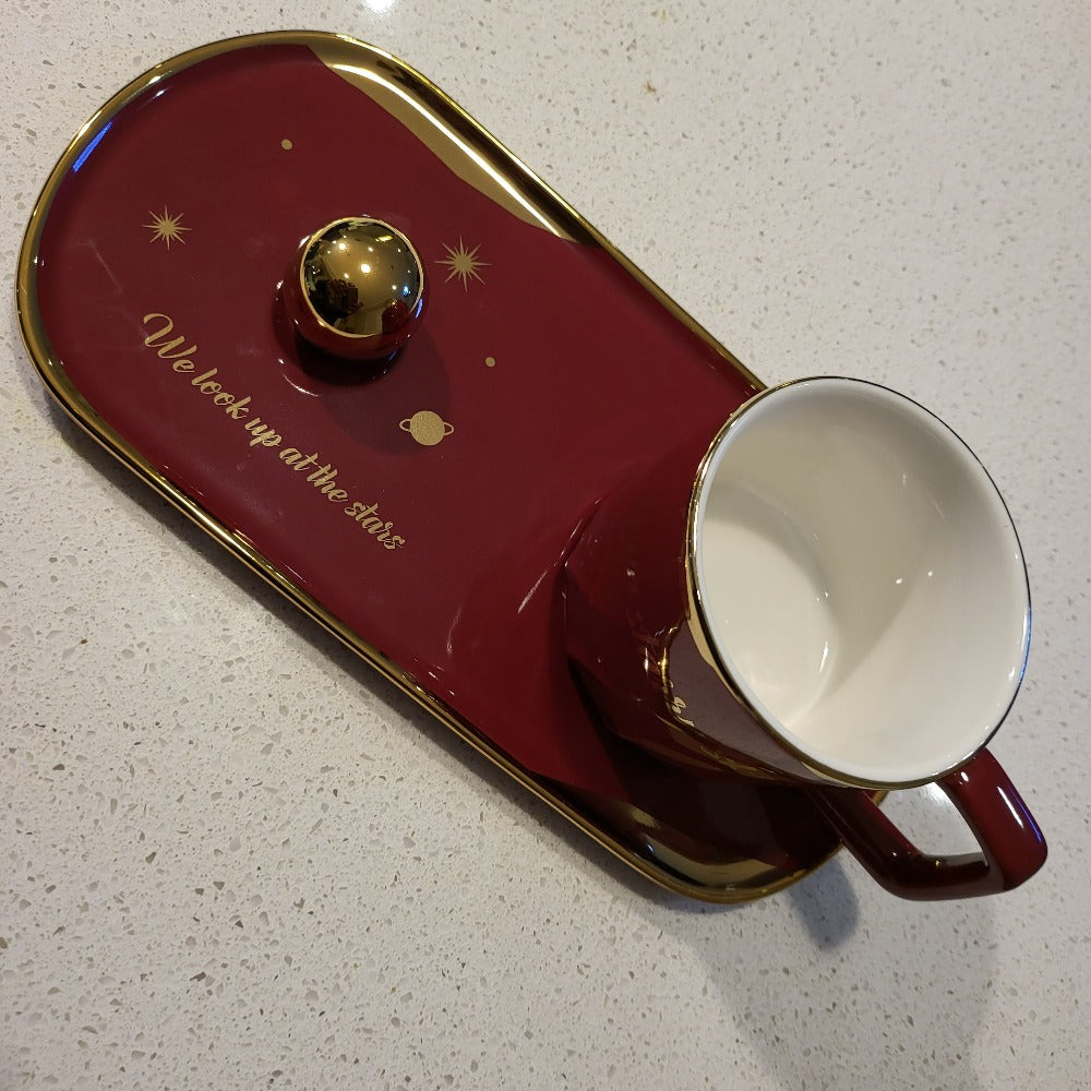 Maroon Golden Trim Modern Stars Style Tea Cup and a Saucer Maroon