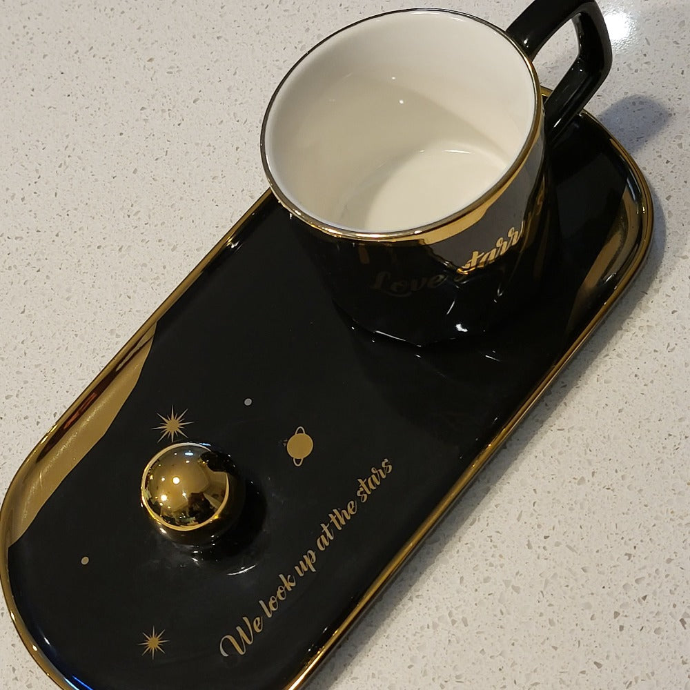 Maroon Golden Trim Modern Stars Style Tea Cup and a Saucer in Black