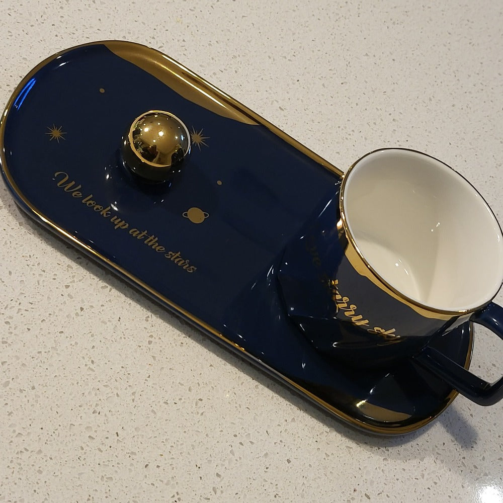 Blue Golden Trim Modern Stars Style Tea Cup, a Saucer and Gold Spoon