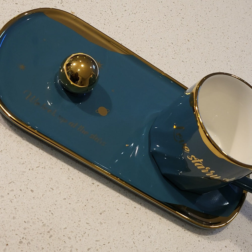 Golden Trim Modern Stars Style Tea Cup, a Saucer and Gold Spoon in Blue