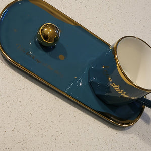 Golden Trim Modern Stars Style Tea Cup, a Saucer and Gold Spoon in Blue