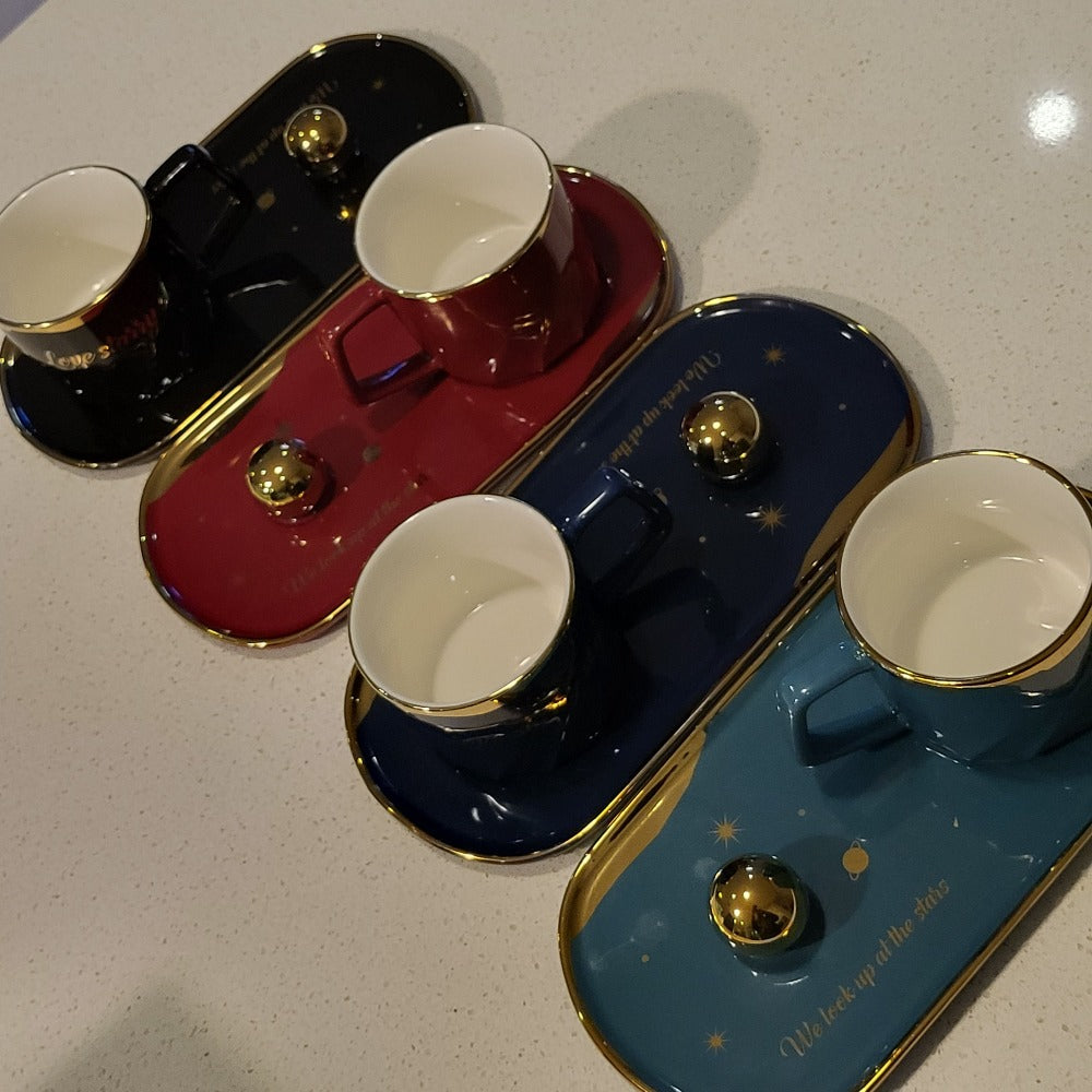 Golden Trim Modern Stars Style Tea Cup, a Saucer and Gold Spoon sets