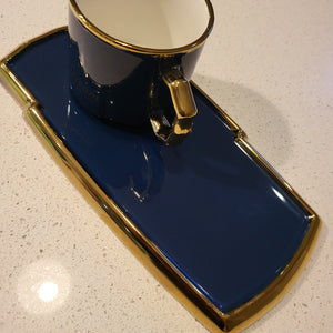 Golden Trim Modern Style Tea Cup, a Saucer and Gold Spoon in Blue