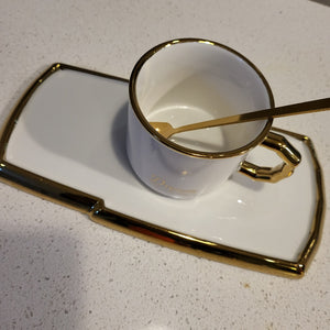 White Golden Trim Modern Style Tea Cup, a Saucer and Gold Spoon