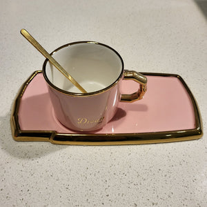 Golden Trim Modern Style Tea Cup, a Saucer and Gold Spoon in Pink