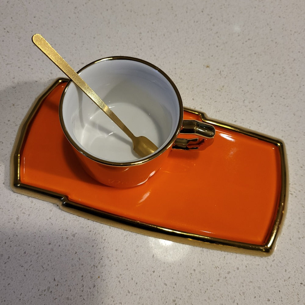 Golden Trim Modern Style Tea Cup, a Saucer and Gold Spoon in Blue