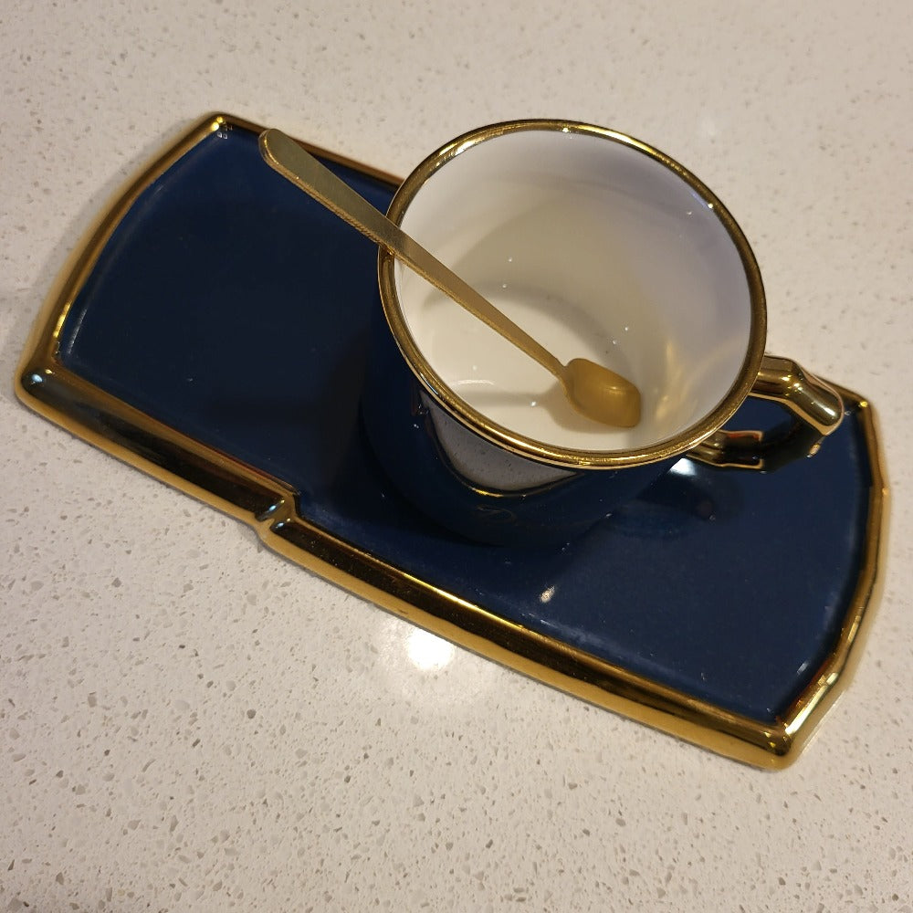 Golden Trim Modern Style Tea Cup, a Saucer and Gold Spoon