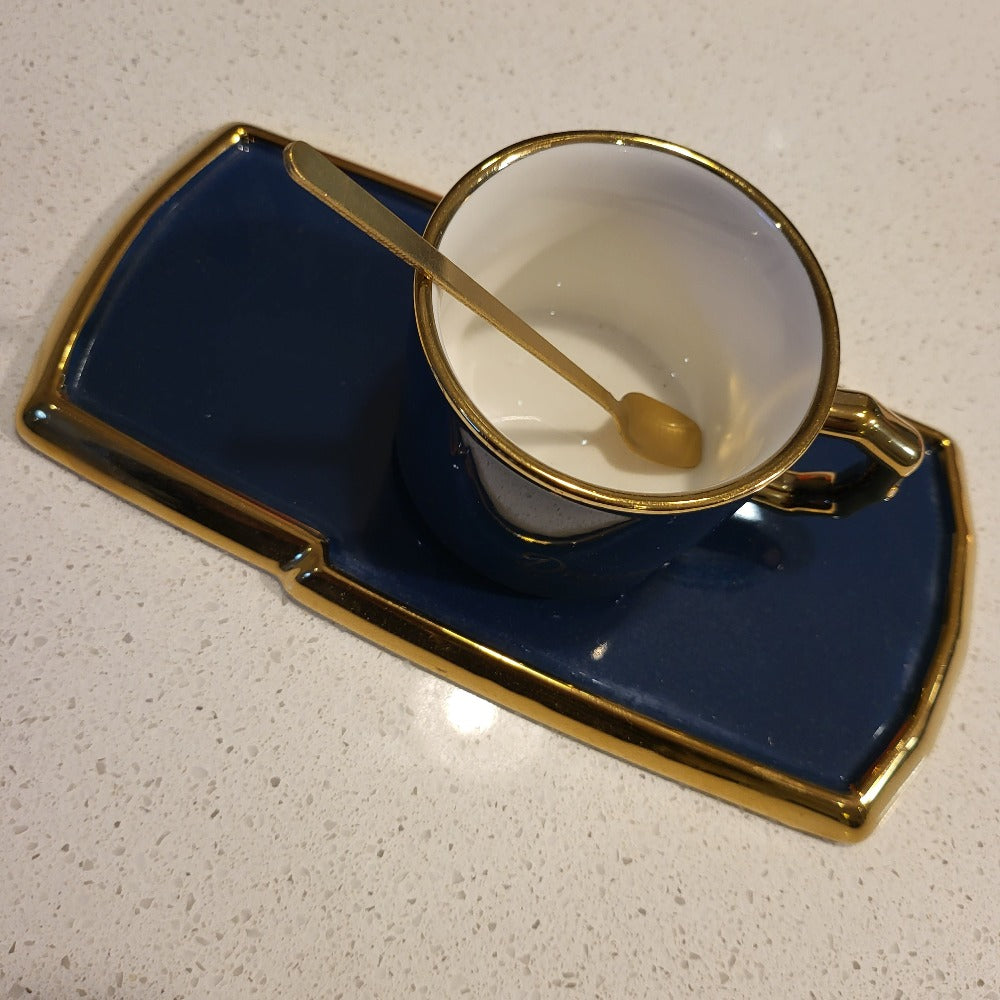 Golden Trim Modern Style Tea Cup, a Saucer and Gold Spoon in Blue
