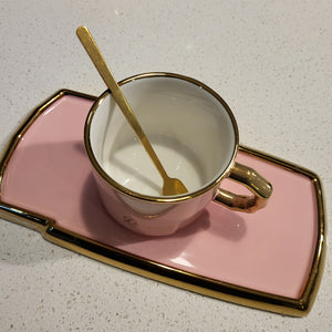 Modern Style Tea Cup, a Saucer and Gold Spoon in Pink