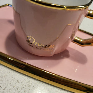 Pink Modern Style Tea Cup, a Saucer and Gold Spoon
