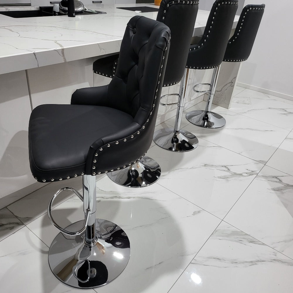 Modern High Barstools with Silver Stainless Steel Frame and Black Leather 