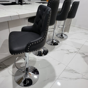 Modern High Barstools with Silver Stainless Steel Frame and Black Leather 
