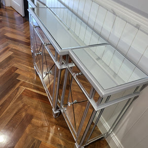 Glass Mirrored Silver Dining Room Buffet Cabinet with 4 Shelves and 3 drawers in silver Stand