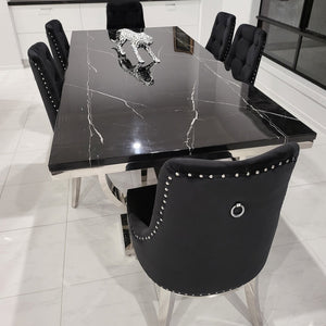 Classic Marble Dining Table With Modern Dining Room Chairs in Silver Stainless Steel Frame