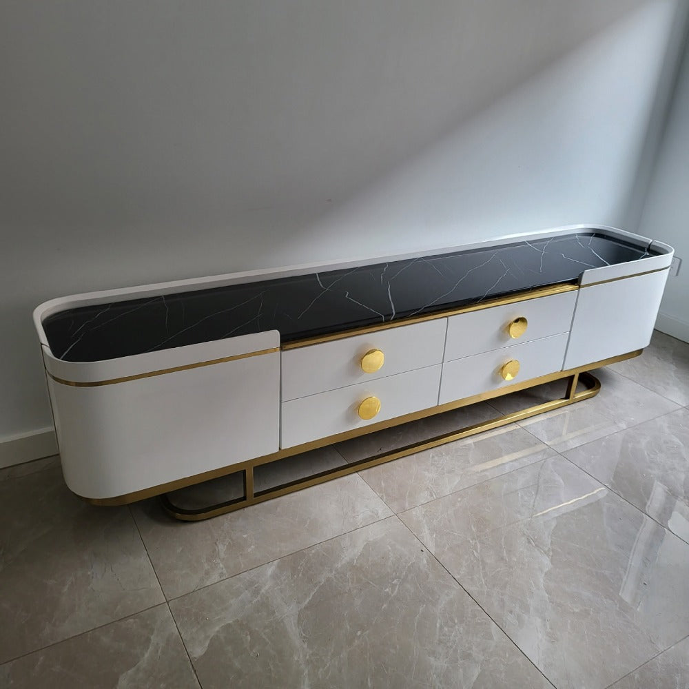 Luxurious, Classy and Beautiful Modern Classy Marble Top TV Stand/Entertainment Unit / TV Cabinet In White MDF and Golden Trim Frames Finish for a Stylish Look