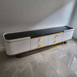 Luxurious, Classy and Beautiful Modern Classy Marble Top TV Stand In White MDF and Golden Trim Frames Finish for a Stylish Look
