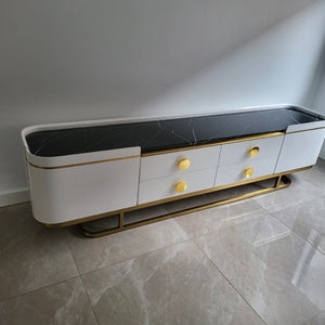 Luxury and Beautiful Modern Classy Marble Top TV Stand In White MDF and Golden Trim Frames Finish for a Stylish Look