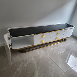 Beautiful and Modern Classy Marble Top TV Stand In White MDF and Golden Trim Frames Finish for a Stylish Look