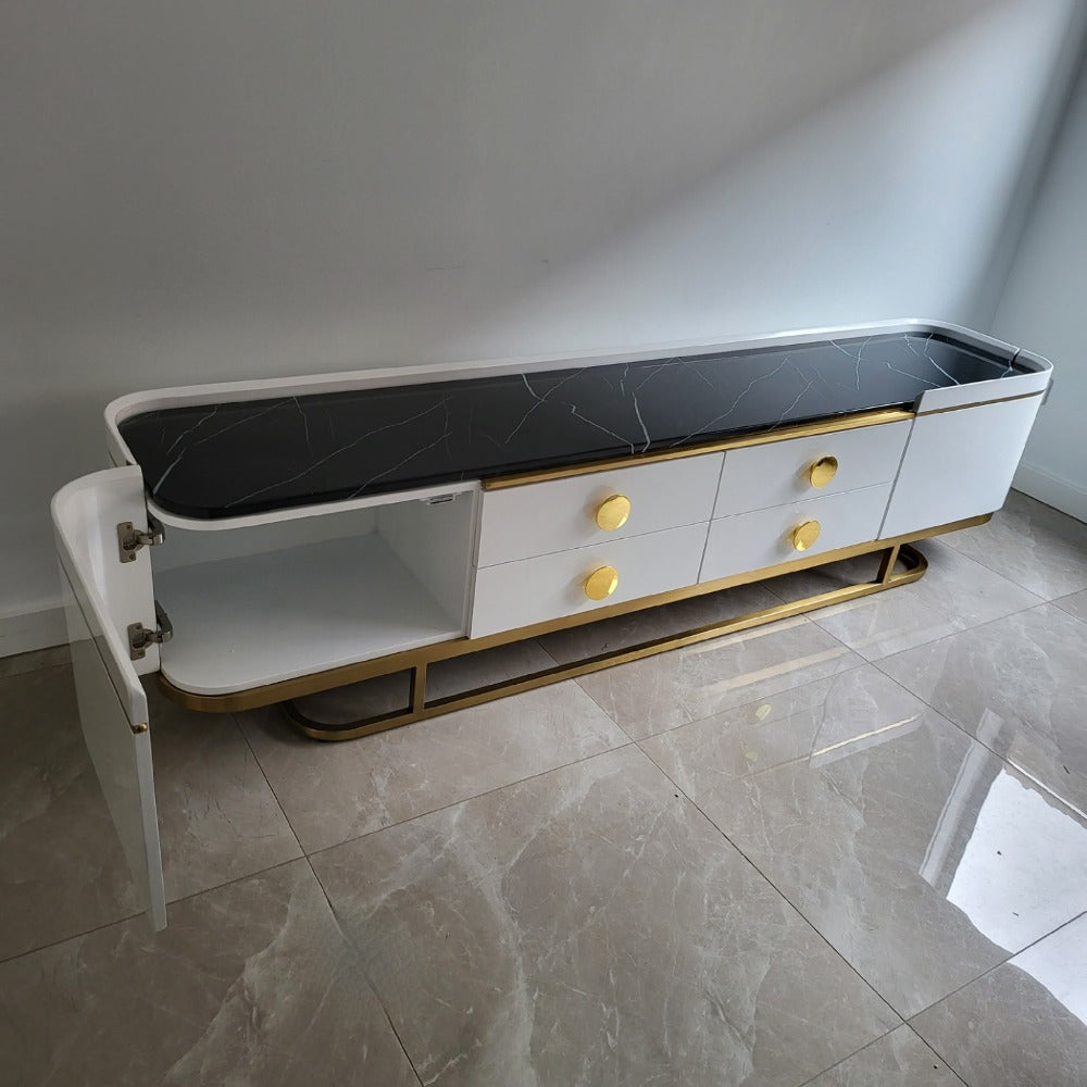 Modern Classy Marble Top TV Stand In White MDF and Golden Trim Frames Finish for a Stylish Look