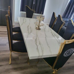 Modern Classy 8 Seater Marble Dining Table With Classy Gold frame Velvet Stainless Steel Frame Chairs