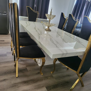 Modern Classy 8 Seater Marble Dining Table With Classy Gold frame Velvet Stainless Steel Frame Chairs