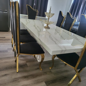 Modern Classy 6 Seater Marble Dining Table With Classy Gold frame Velvet Stainless Steel Frame Chairs
