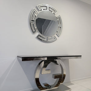 Modern GG Style Marble Hallway Console Table in Silver Stainless Steel Frame with Circle Mirror