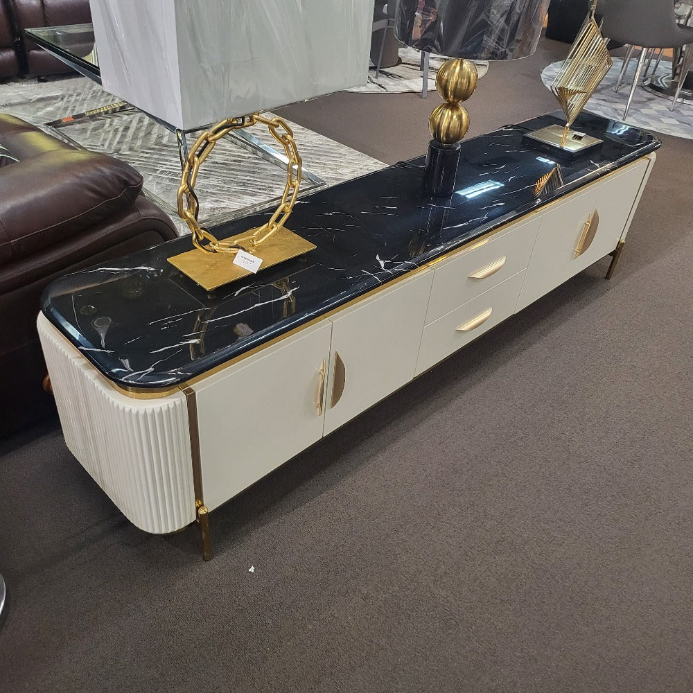 Luxurious, Classy and Beautiful Modern Classy Marble Top TV Stand in Cream MDF and Golden Trim Frames Finish for a Stylish Look