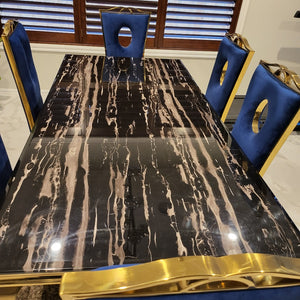 Modern U-Shaped Marble Dining Table With Circle Blue Velvet Style Dining Room Chairs in Gold Stainless Steel Frame