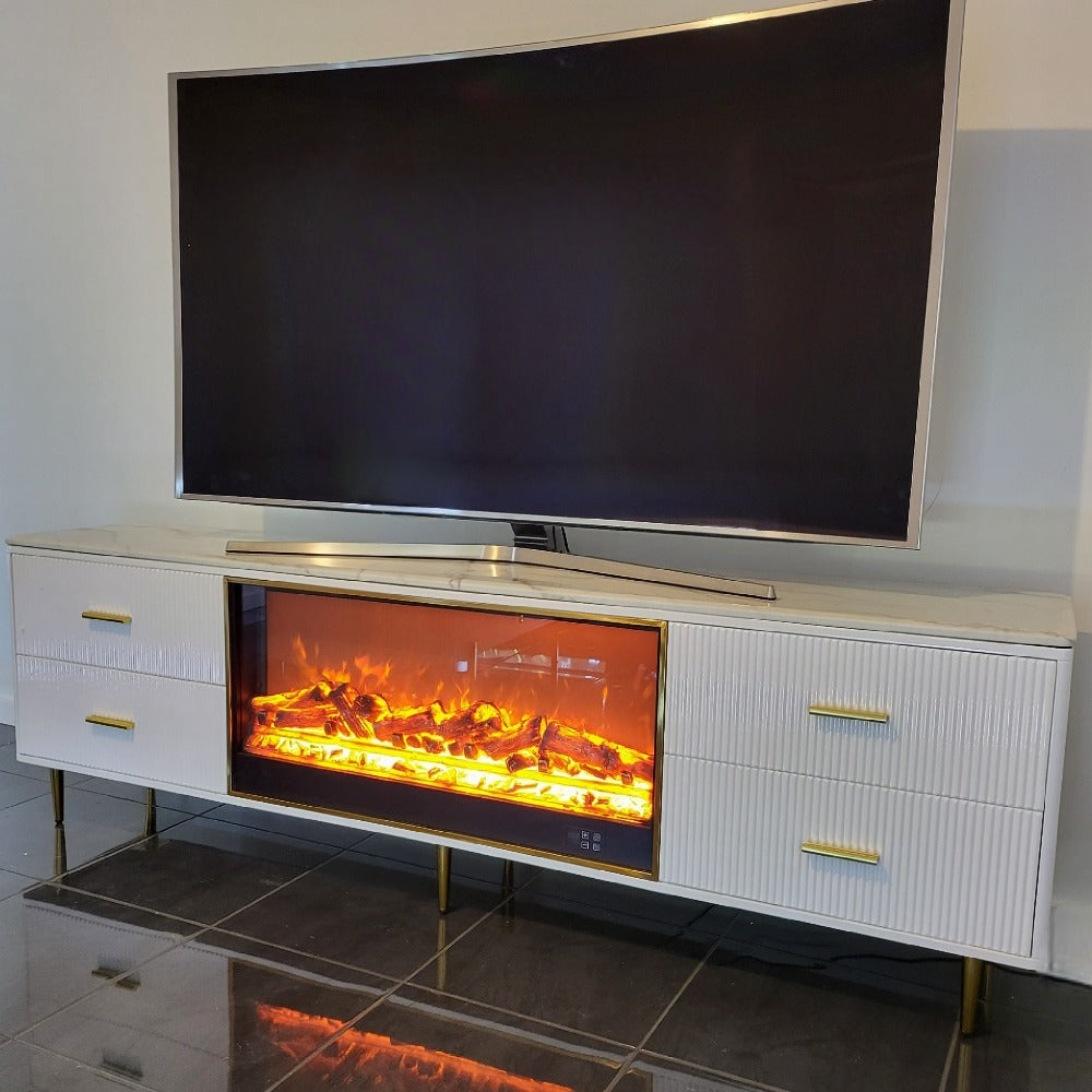Classy Modern White MDF Material with Bronze Stainless Steel Frame and Black White Marble TV Cabinet/Stand/Unit with a Fireplace Reflector and a Remote