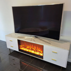 Classy Modern White MDF Material with Bronze Stainless Steel Frame and Black White Marble TV Cabinet with a Fireplace Reflector and a Remote