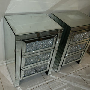 Diamond Mirrored Bedside Table with 3 drawers