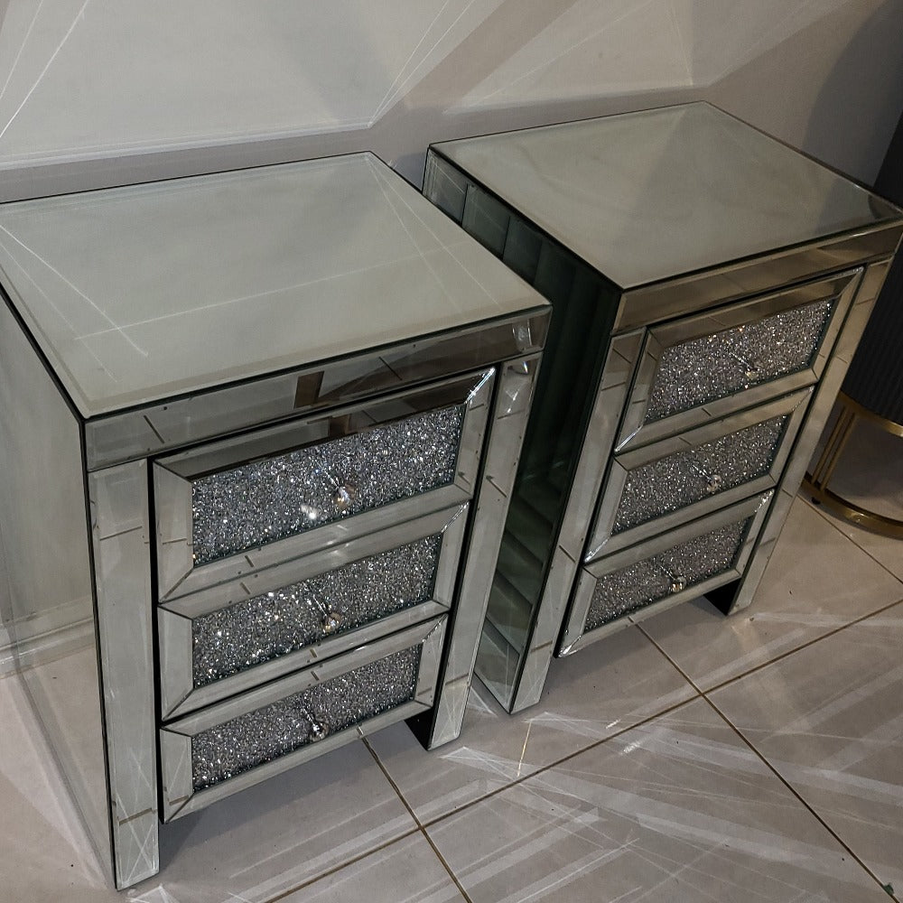 Diamond Crushed Mirrored Glass Bedside Table