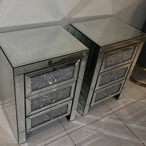 Modern Silver Diamond Crushed Mirrored Glass Bedside Table