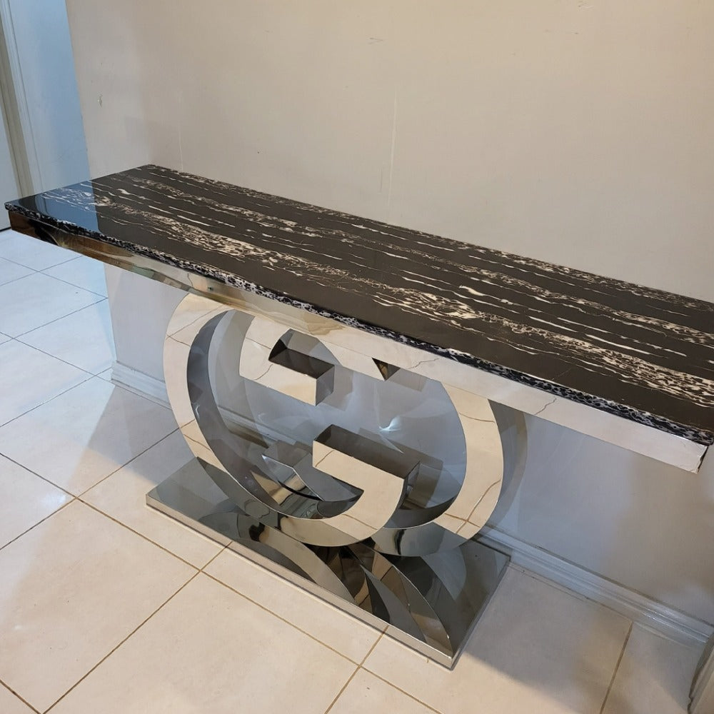 Modern GG Style Hallway Console Table in Silver Stainless Steel Frame