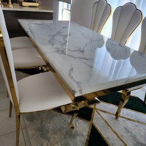 U-Shaped White-Grey Marble Dining Table With White Leather Nelly Dining Room Chairs in Gold Stainless Steel Frame