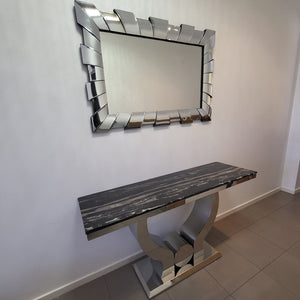 Modern U-Shaped Marble Hallway Console Table With Silver Stainless Steel Frame With Mirror