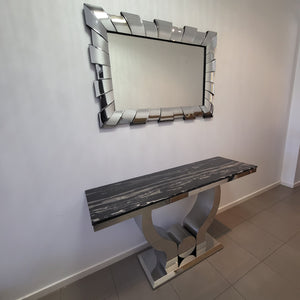 Modern U-Shaped Marble Hallway Console Table With Silver Stainless Steel Frame With Rectangular Mirror