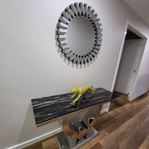 Modern U-Shaped Marble Hallway Console Table With Silver Stainless Steel Frame With Round Mirror