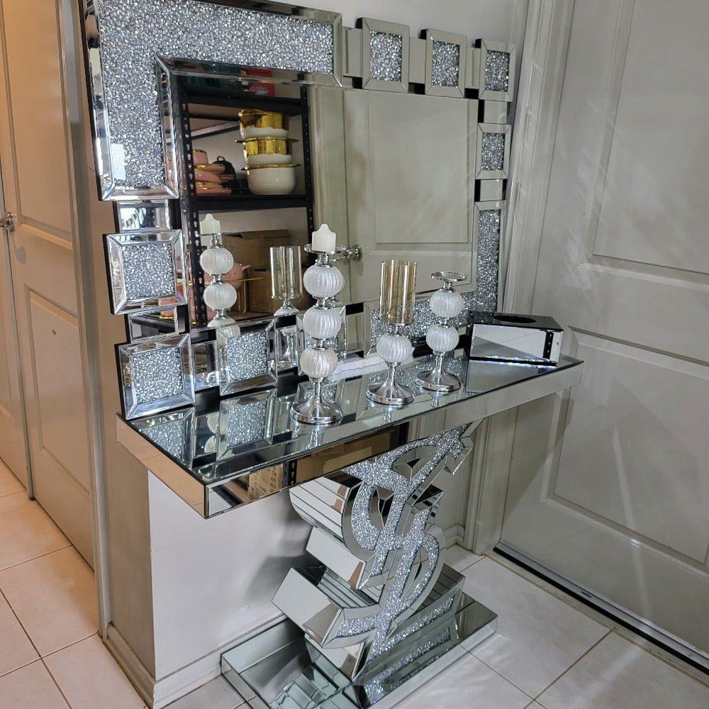 Classy Silver Yves Saint Laurent Hallway Console Table and Mirror with Diamond Crushed Glass.