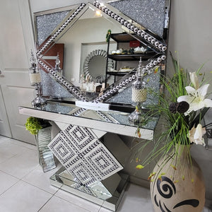 Silver Stylish Modern Classy Glass Mirrored Glass Hallway / Entry Console Table and Mirror with Diamond Crushed Glass 