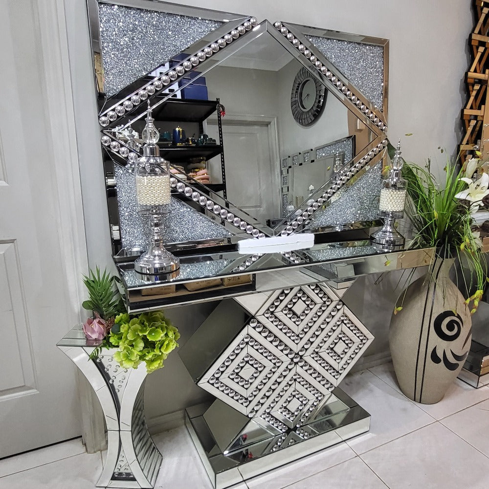 Rose Gold Modern Classy Glass Mirrored Glass Hallway / Entry Console Table and Mirror with Diamond Crushed Glass Diamond Shaped