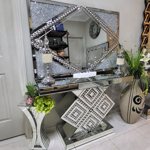 Silver Modern Classy Glass Mirrored Glass Hallway / Entry Console Table and Mirror with Diamond Crushed Glass 