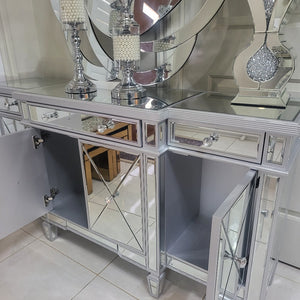 Glass Mirrored Online Furniture - Glass Mirrored Silver Dining Room Buffet Cabinet with 4 Shelves and 3 drawers in silver Stand