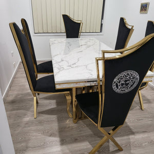 Elegant Marble Dining table with 6 Classy Black Velvet Dining Room Chairs in Silver Stainless Steel Frame