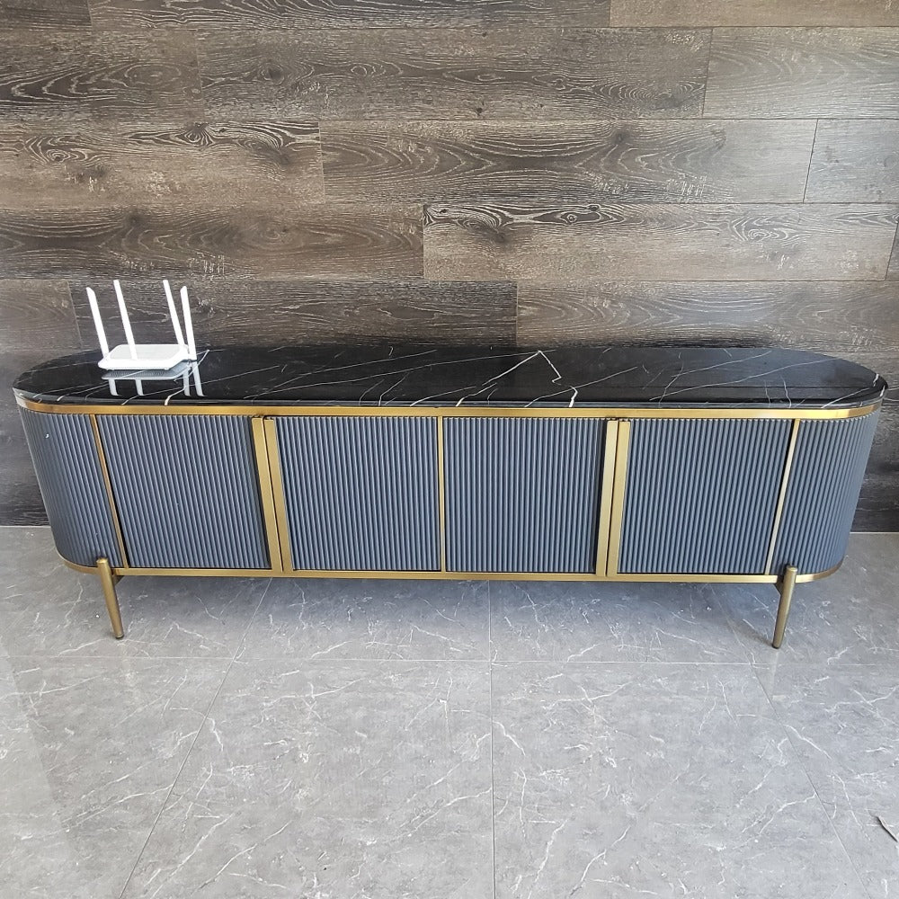 Classic Modern Black MDF Material TV Stand with Blackish Marble Top and Bronze Stainless Steel Frame