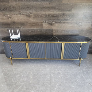 Classic Modern Black MDF Material TV Stand with Blackish Marble Top and Bronze Stainless Steel Frame