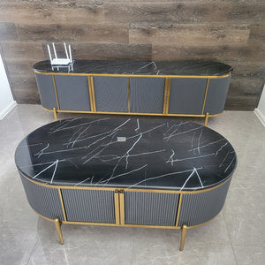 Classic Modern Black MDF Material TV Stand with Blackish Marble Top and Bronze Stainless Steel Frame. The TV Stand / Cabinet has a Matching Coffee Table and Buffet Cabinet