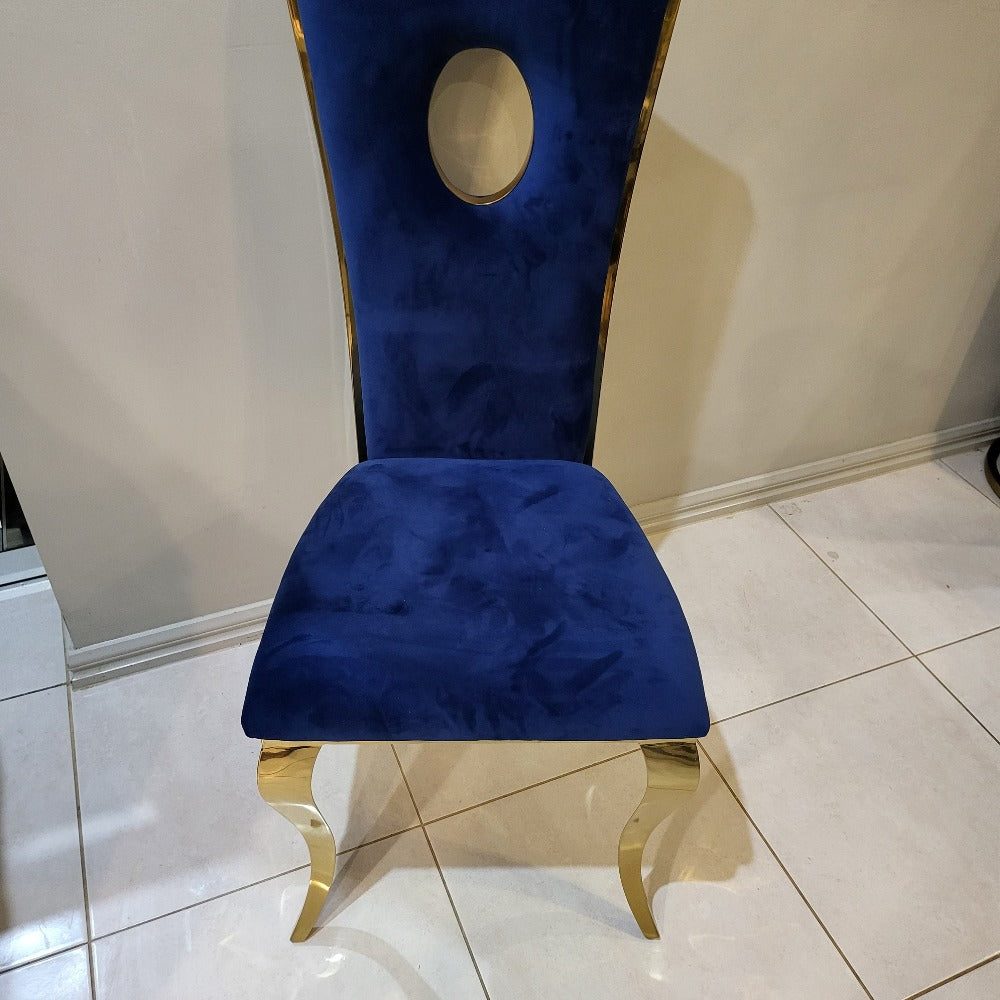 Luxury and Stylish Blue Velvet Cushioned and Comfortable Dining Room Chairs in Gold Stainless Steel Frame
